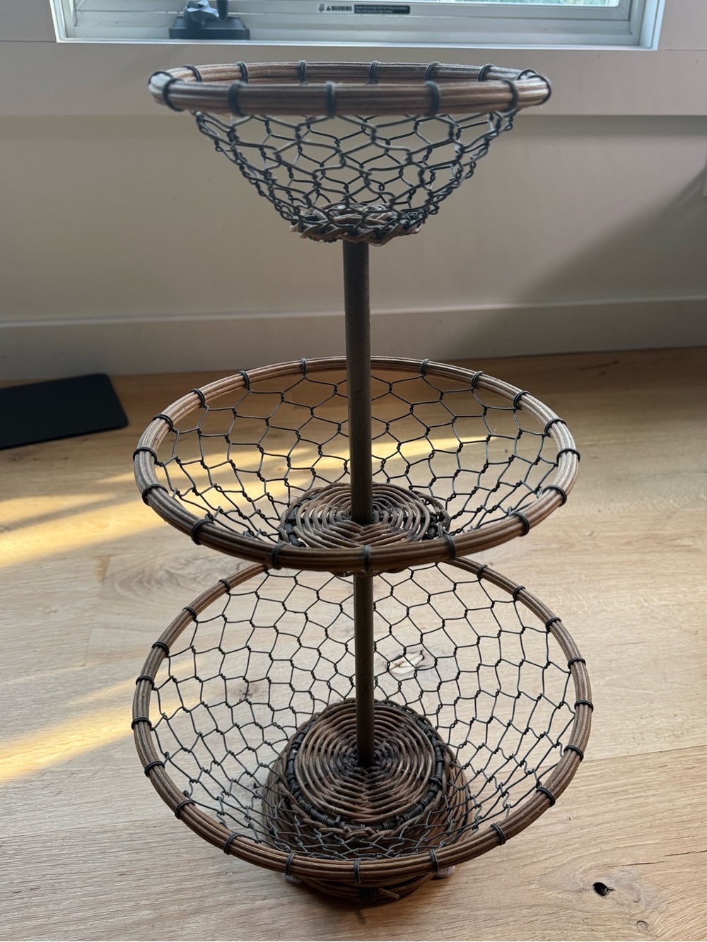 Pottery Barn 3-Tier Woven Wire & Rattan Basket Stand - Brown